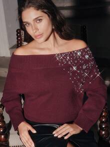 Anewsta Women's Fall/Winter Elegant Rose Gold Cold Shoulder Knit Sweater, Plus Size Hand-Beaded Pullover For Formal Night Out Party Going Out - Burgundy - View 2