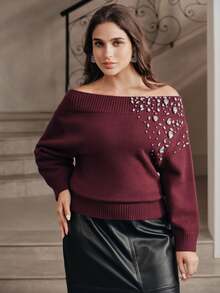 Anewsta Women's Fall/Winter Elegant Rose Gold Cold Shoulder Knit Sweater, Plus Size Hand-Beaded Pullover For Formal Night Out Party Going Out - Burgundy - View 4