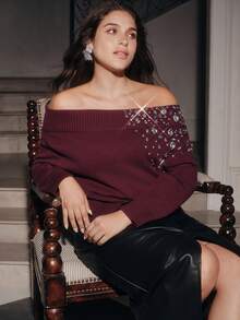 Anewsta Women's Fall/Winter Elegant Rose Gold Cold Shoulder Knit Sweater, Plus Size Hand-Beaded Pullover For Formal Night Out Party Going Out - Burgundy - View 6