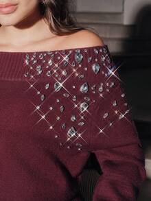 Anewsta Women's Fall/Winter Elegant Rose Gold Cold Shoulder Knit Sweater, Plus Size Hand-Beaded Pullover For Formal Night Out Party Going Out - Burgundy - View 1