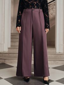 Anewsta Celana Panjang Wanita Ukuran Besar dengan Desain Lipit Ungu Elegan dan Bergaya Intelektual, Model Kaki Lebar - Purple - View 2