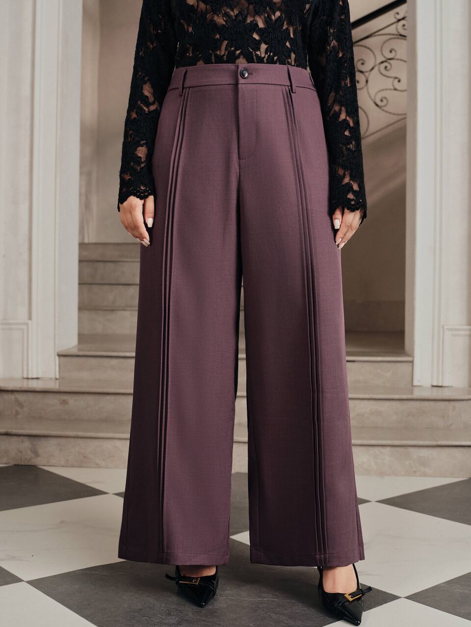 Anewsta Plus Size Women's Purple Plain Wide Leg Belted Suit Pants With Pockets And Zipper Extra Long Woven Fabric With Slight Stretch