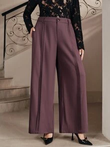 Anewsta Celana Panjang Wanita Ukuran Besar dengan Desain Lipit Ungu Elegan dan Bergaya Intelektual, Model Kaki Lebar - Purple - View 5