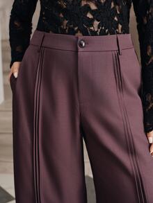 Anewsta Celana Panjang Wanita Ukuran Besar dengan Desain Lipit Ungu Elegan dan Bergaya Intelektual, Model Kaki Lebar - Purple - View 1