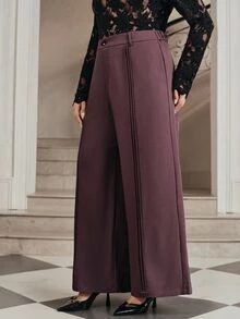 Anewsta Celana Panjang Wanita Ukuran Besar dengan Desain Lipit Ungu Elegan dan Bergaya Intelektual, Model Kaki Lebar - Purple - View 4
