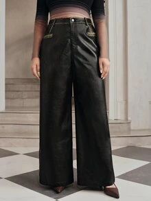 Anewsta 女款秋冬黑色水洗做舊皮革長褲，復古休閒風，適合商務辦公、派對與夜店 - 黑色 - 查看 5