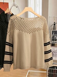 Lacomfia Plus Size Vintage Hollow Out Faux Pearl Decor Pullover Sweater - Khaki - View 3