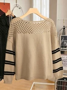 Lacomfia Plus Size Vintage Hollow Out Faux Pearl Decor Pullover Sweater - Khaki - View 2