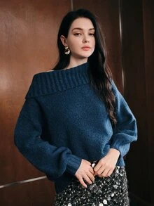 Anewsta Women's Solid Color Asymmetrical Shoulder Casual Daily Long Sleeve Sweater - Blue - View 4