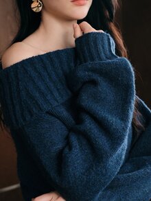 Anewsta Women's Solid Color Asymmetrical Shoulder Casual Daily Long Sleeve Sweater - Blue - View 1