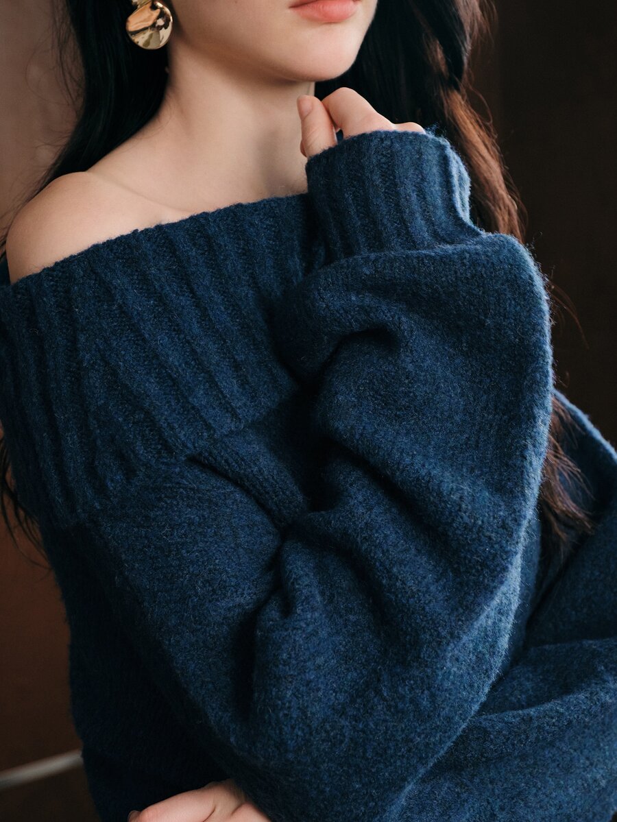 Anewsta Women's Solid Color Asymmetrical Shoulder Casual Daily Long Sleeve Sweater - Blue - View 1