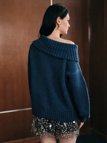 Anewsta Women's Solid Color Asymmetrical Shoulder Casual Daily Long Sleeve Sweater - Blue - View 7