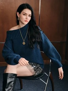 Anewsta Women's Solid Color Asymmetrical Shoulder Casual Daily Long Sleeve Sweater - Blue - View 3