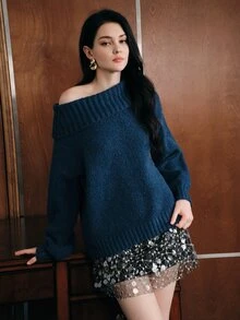 Anewsta Women's Solid Color Asymmetrical Shoulder Casual Daily Long Sleeve Sweater - Blue - View 2