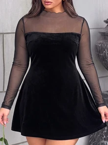 GalTyme Gaun Pesta Kasual Patchwork Jala untuk Wanita Ukuran Plus - Hitam - View 3