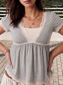 GalTyme Plus Size Women's Lace Patchwork Pleated Casual Versatile Everyday T-Shirt - Light Grey - View 1