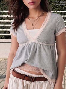 GalTyme Plus Size Women's Lace Patchwork Pleated Casual Versatile Everyday T-Shirt - Light Grey - View 3