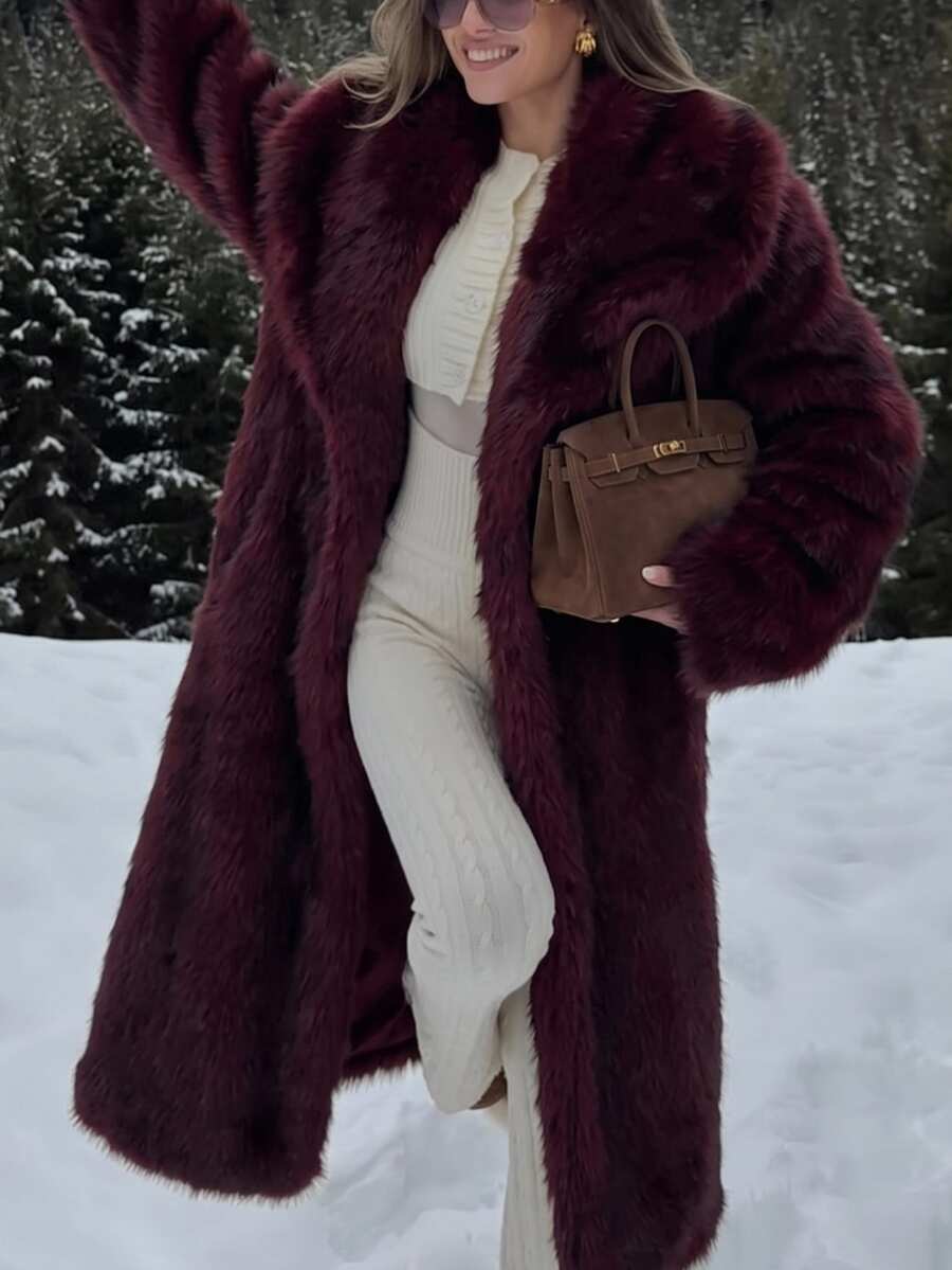 GalTyme Plus Size Women's Faux Fur Coat, Autumn/Winter - Burgundy - View 1