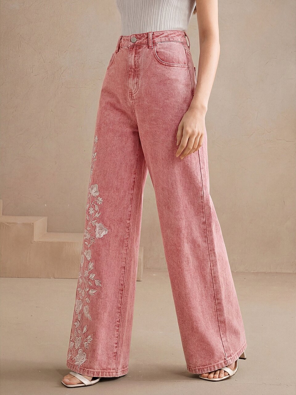 Anewsta Stylish Women's Washed Pink Denim Jeans With Delicate Floral Embroidery Wide Leg Design