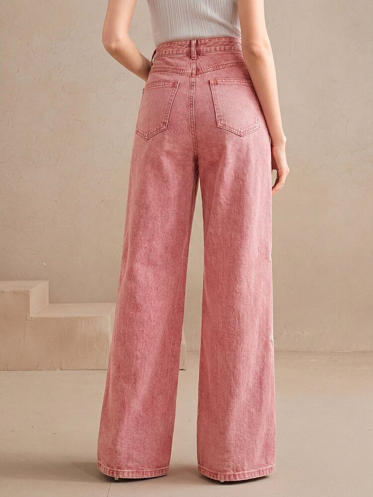 Anewsta Celana Jeans Bordir Bunga Elegan, Gaya Liburan Urban Chic, Cocok untuk Hari Valentine dan Tahun Baru Imlek - Berwarna merah muda - View 2