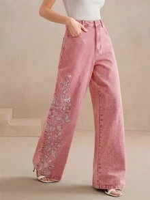 Anewsta 優雅花卉刺繡牛仔褲，都市時尚度假風，適合情人節與農曆新年 - 粉色 - 查看 5