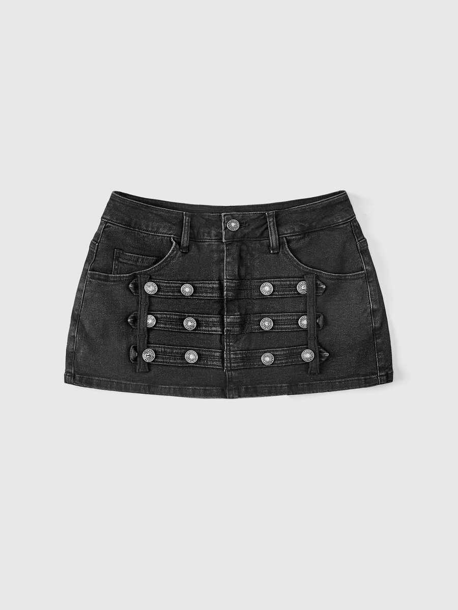 ROMWE Grunge Punk Punk Cavalry Button Design Mini Bodycon Plus Size Denim Skirt (With Built-In Lining Leggings) - Black - View 1