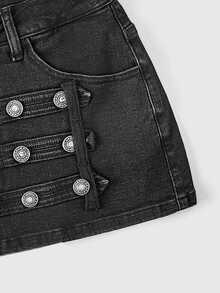 ROMWE Grunge Punk Punk Cavalry Button Design Mini Bodycon Plus Size Denim Skirt (With Built-In Lining Leggings) - Black - View 5