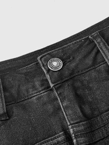ROMWE Grunge Punk Punk Cavalry Button Design Mini Bodycon Plus Size Denim Skirt (With Built-In Lining Leggings) - Black - View 3