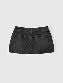 ROMWE Grunge Punk Punk Cavalry Button Design Mini Bodycon Plus Size Denim Skirt (With Built-In Lining Leggings) - Black - View 2