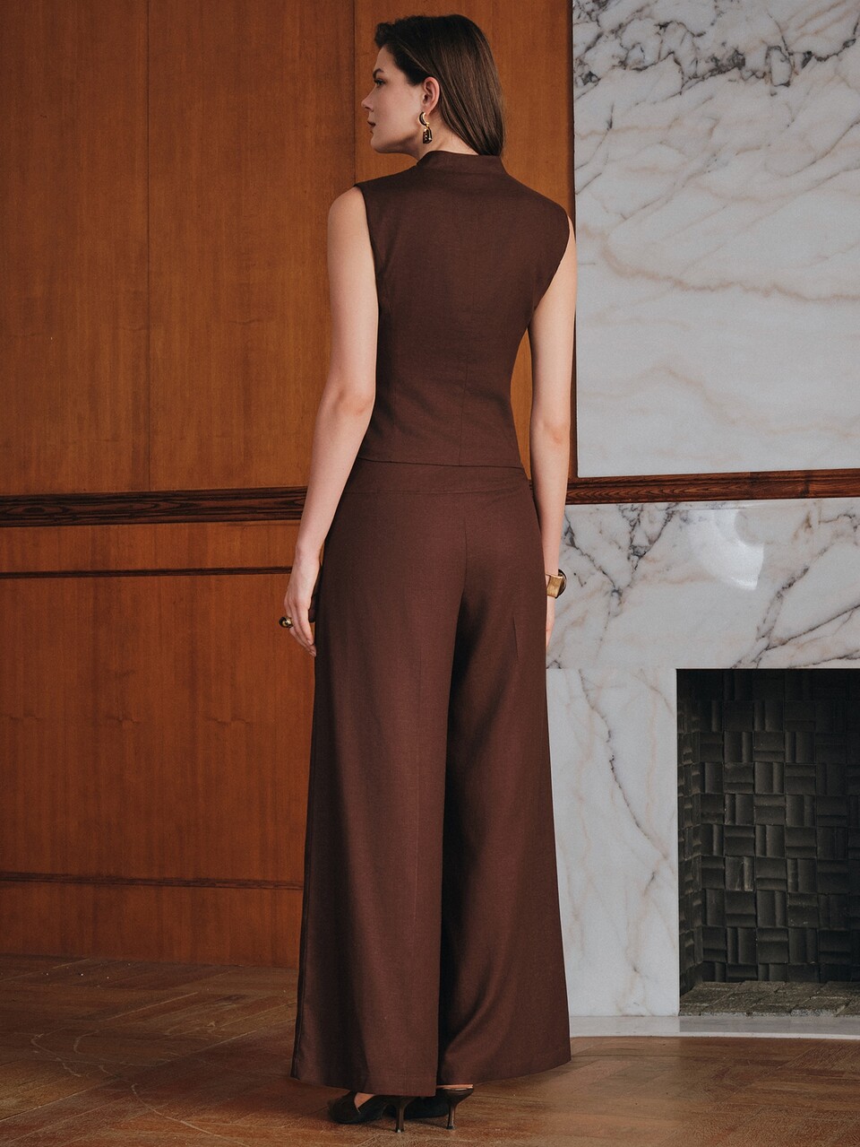 Dark Brown Spring/Autumn Stand Collar Double-Breasted Vest & Wide Leg Pants Set, Suitable For Daily Commute, Travel, Party Wear, Women's 2 Pieces Outfit
