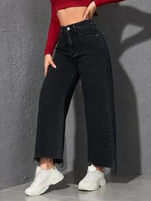 SHEIN Unity 女式宽松口袋设计阔腿休闲牛仔裤 - 黑色 - 查看 3