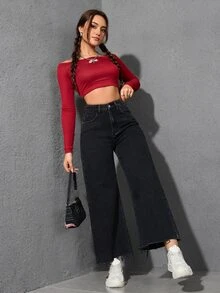 SHEIN Unity 女式宽松口袋设计阔腿休闲牛仔裤 - 黑色 - 查看 5