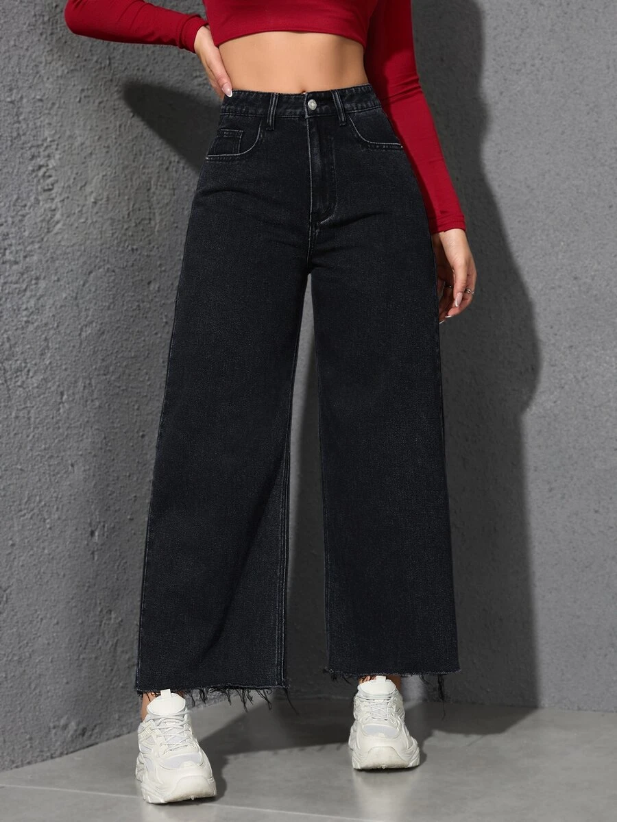 SHEIN Unity 女式宽松口袋设计阔腿休闲牛仔裤 - 黑色 - 查看 1