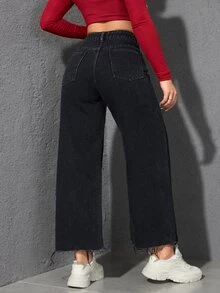 SHEIN Unity 女式宽松口袋设计阔腿休闲牛仔裤 - 黑色 - 查看 2