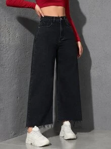SHEIN Unity 女式宽松口袋设计阔腿休闲牛仔裤 - 黑色 - 查看 6