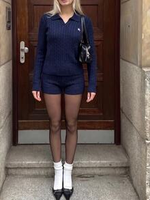 FavEase Set Sweater 2 Potong Wanita Kasual Gaya Malas Nyaman Serbaguna untuk Musim Gugur/Dingin, Cocok untuk Komuter, Harian dan Pakaian Rumah - Navy Blue - View 9