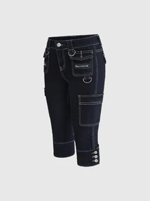 ROMWE Y2K Retro 7/10 Length Pants With Pocket Decor, Versatile Casual Stretch - Blue - View 5