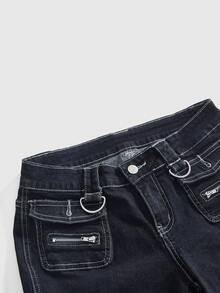 ROMWE Y2K Retro 7/10 Length Pants With Pocket Decor, Versatile Casual Stretch - Blue - View 3