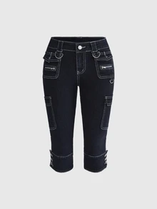 ROMWE Y2K Retro 7/10 Length Pants With Pocket Decor, Versatile Casual Stretch - Blue - View 1