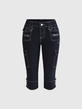 Y2K Retro 7/10 Length Pants With Pocket Decor, Versatile Casual Stretch