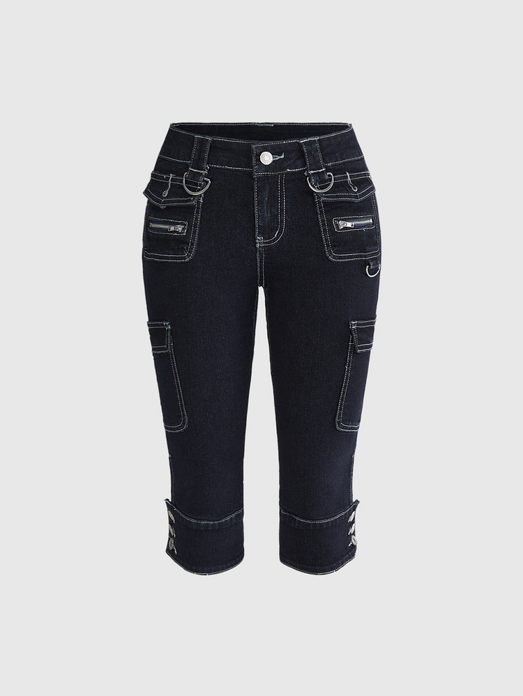 ROMWE Y2K Retro 7/10 Length Pants With Pocket Decor, Versatile Casual Stretch - Blue - View 1