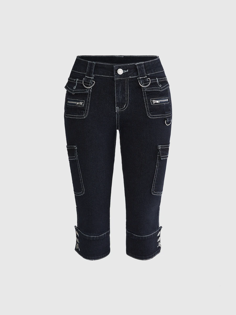 ROMWE Y2K Retro 7/10 Length Pants With Pocket Decor, Versatile Casual Stretch - Blue - View 1