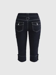 ROMWE Y2K Retro 7/10 Length Pants With Pocket Decor, Versatile Casual Stretch - Blue - View 2
