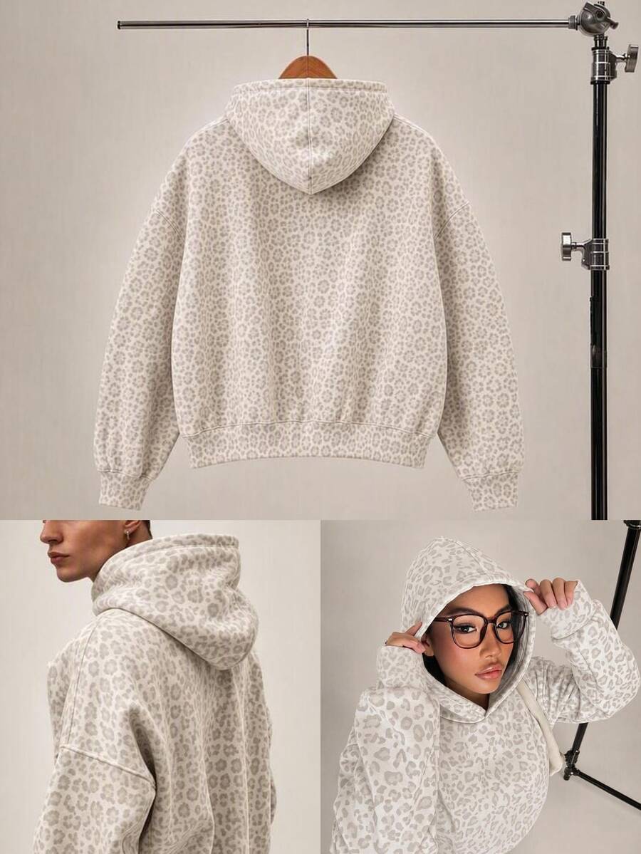 AKNOTIC Men's Grey Knit Letter Embroidered Loose Drop Shoulder Long Sleeve Fashion Hoodie, Suitable For Daily Wear - White - View 1