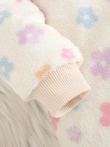 Cozy Pixies 新生女嬰花卉圖案抓絨內裡加厚圓領長袖拉鍊連身衣 秋冬款 百搭舒適 - 杏色 - 查看 5