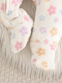 Cozy Pixies 新生女嬰花卉圖案抓絨內裡加厚圓領長袖拉鍊連身衣 秋冬款 百搭舒適 - 杏色 - 查看 4