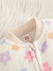Cozy Pixies 新生女嬰花卉圖案抓絨內裡加厚圓領長袖拉鍊連身衣 秋冬款 百搭舒適 - 杏色 - 查看 3