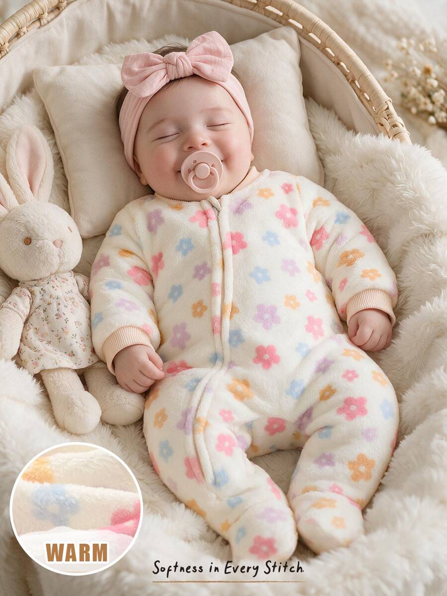 Cozy Pixies 新生女嬰花卉圖案抓絨內裡加厚圓領長袖拉鍊連身衣 秋冬款 百搭舒適 - 杏色 - 查看 1