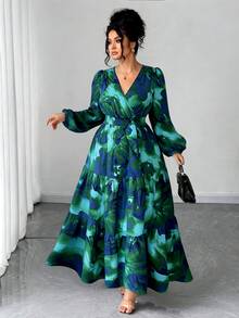 Elenzga 大尺碼女款紮染印花V領長袖洋裝，適合外出、通勤、工作、日常穿著、度假秋季 - 墨綠色 - 查看 6