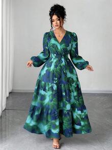 Elenzga 大尺碼女款紮染印花V領長袖洋裝，適合外出、通勤、工作、日常穿著、度假秋季 - 墨綠色 - 查看 1